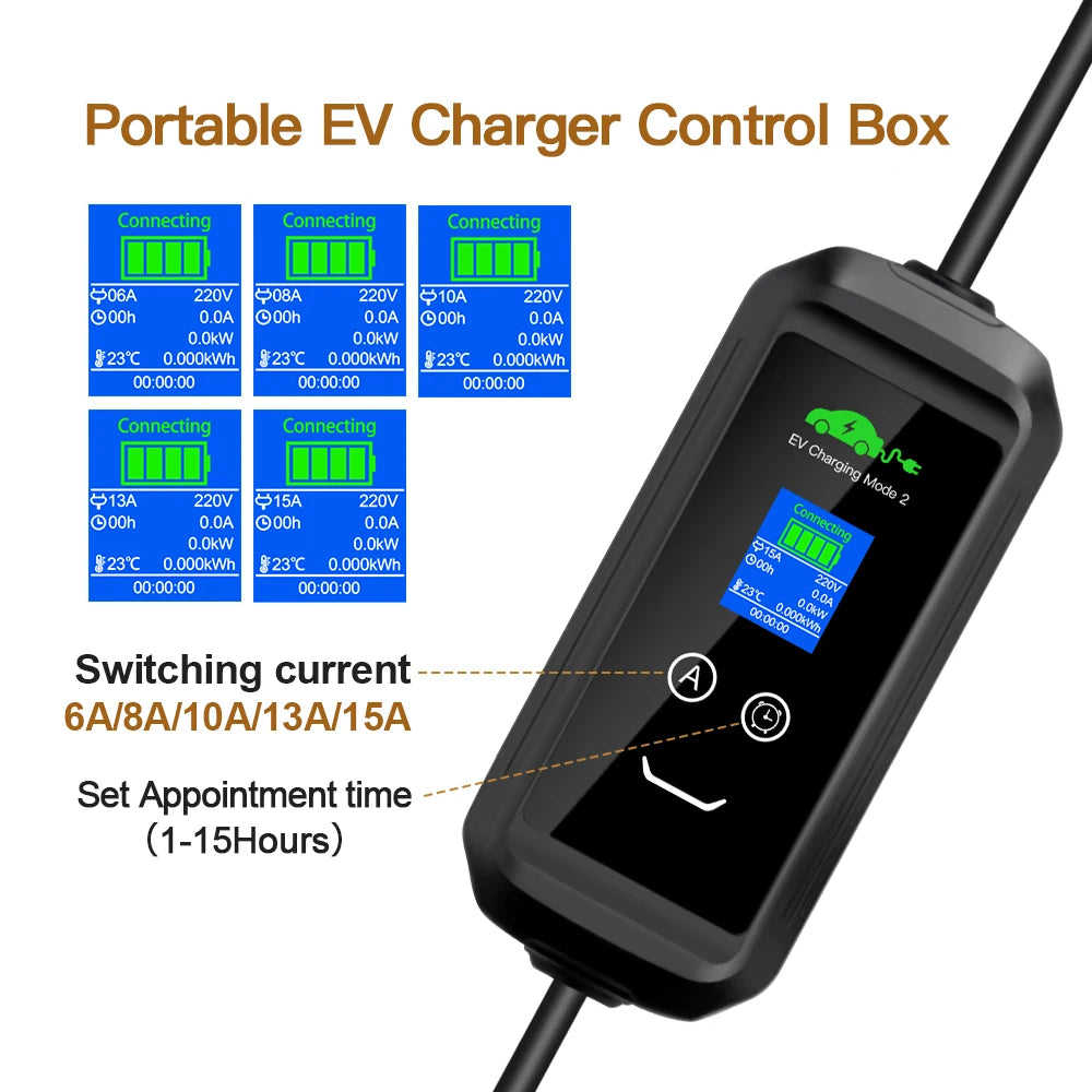 ERDAN 3.3kw J1772 Type 1 IEC62196-2 Type 2 Timing Protable EV Charger 8A 10A 13A 15A Adjustable 110V~250V With AU/NZ Power Plug