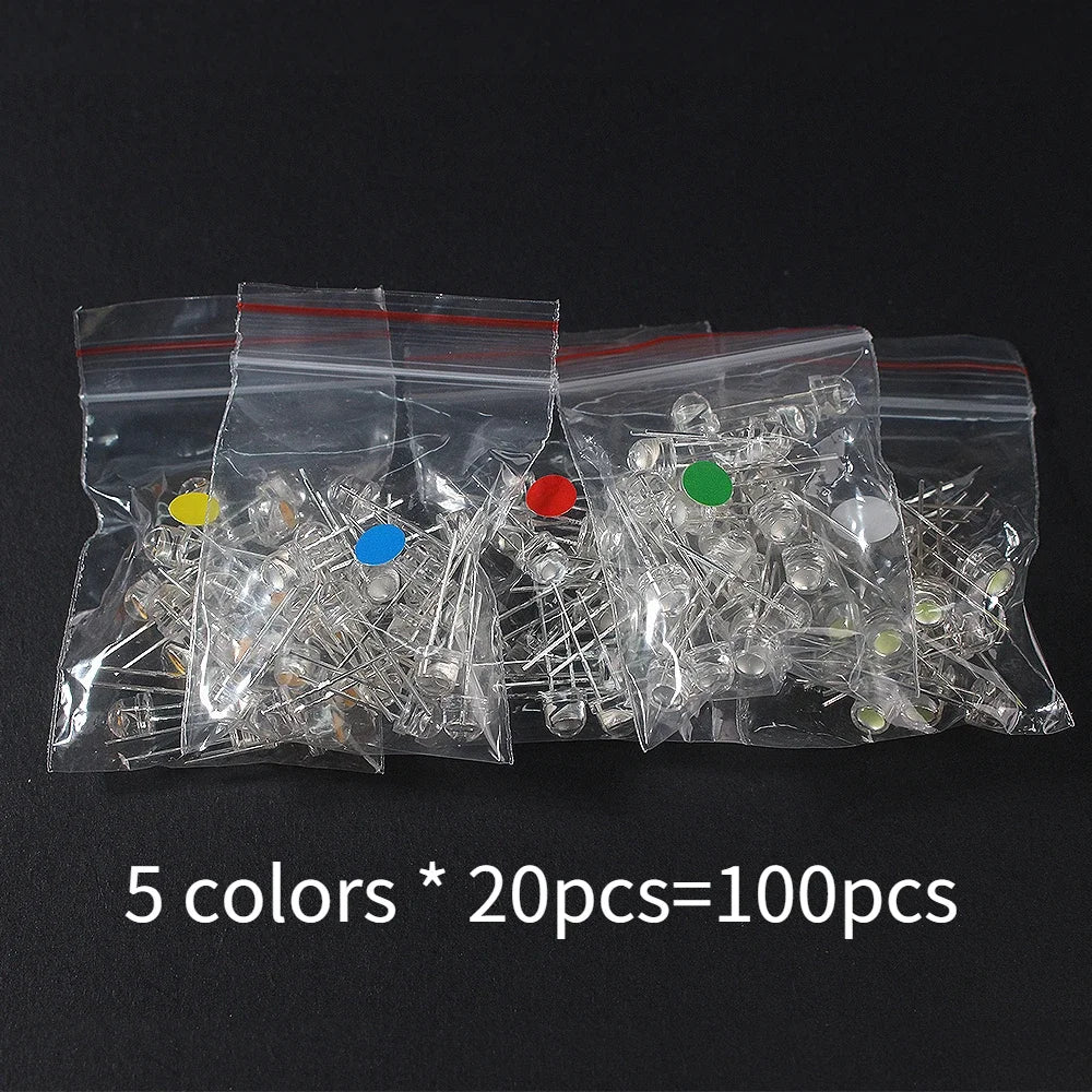 100pcs LED Diode F5 Super Bright Straw Hat LED 5mm Light Emitting Diodes Blue Green Red Yellow White, for DIY Electronic