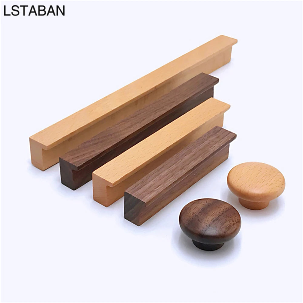 Beech Wooden Cabinet Handles Walnut Solid Wood Furniture Kitchen Door Handle Wardrobe Cupboard Drawer Knobs Hardware Pull Handle