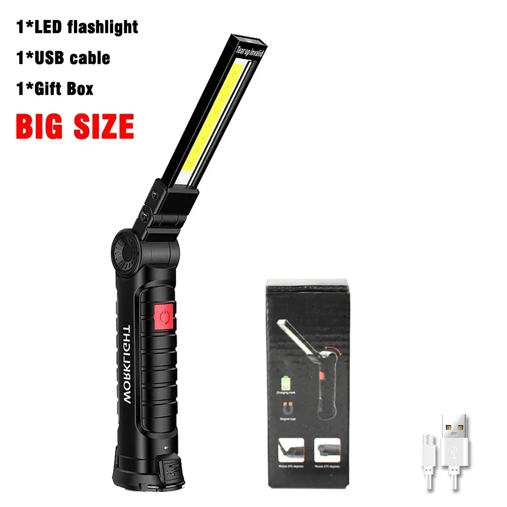 Rechargeable LED COB Work Light USB Magnetic Inspection Torch with Hook Dimmable Flashlight for Car Repair Camping 18650