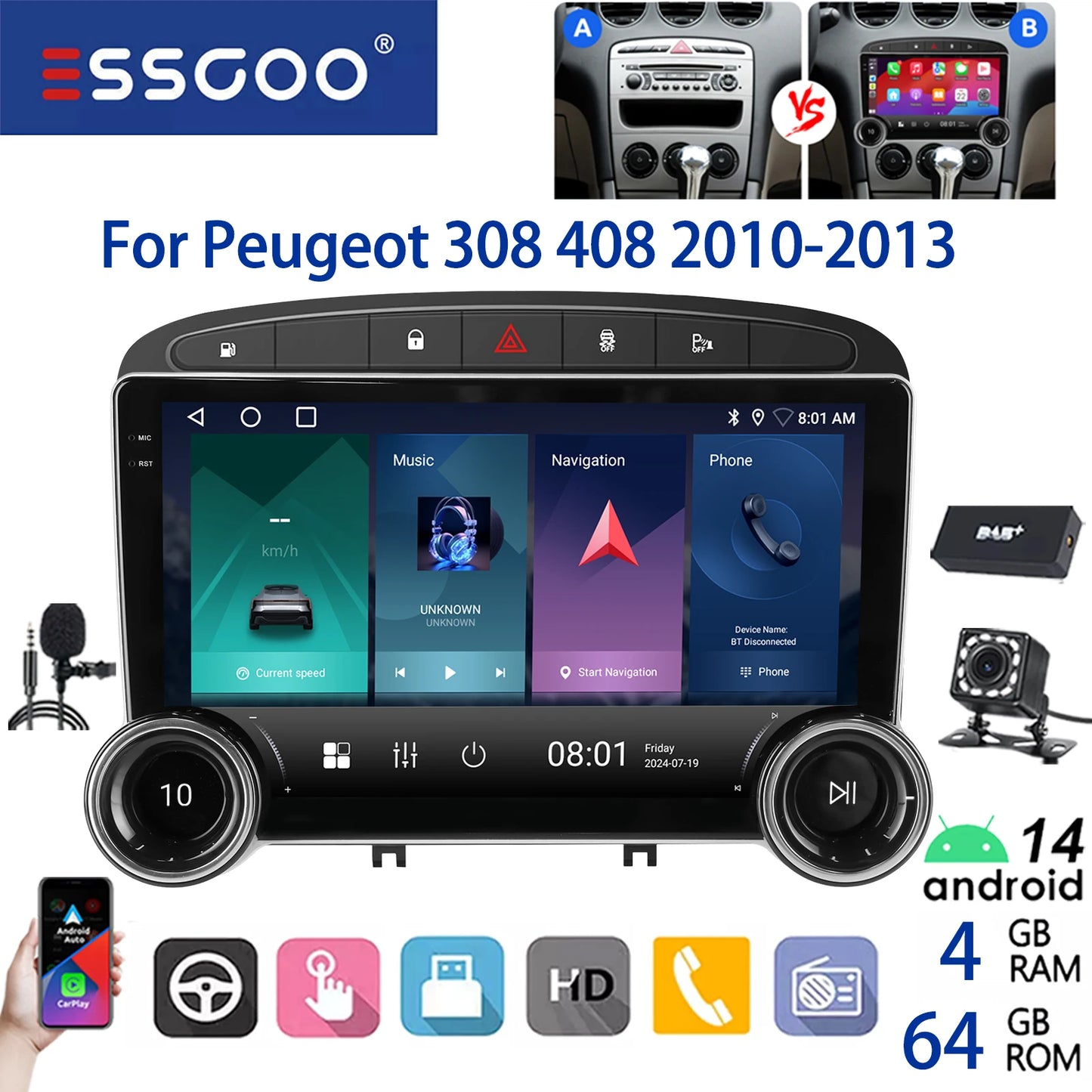 ESSGOO 2DIN Android 14 For Peugeot 408 RCZ 308 10-13 Car Radio Wireless Carplay Android Auto 10" Display GPS Navi WIFI FM RDS BT
