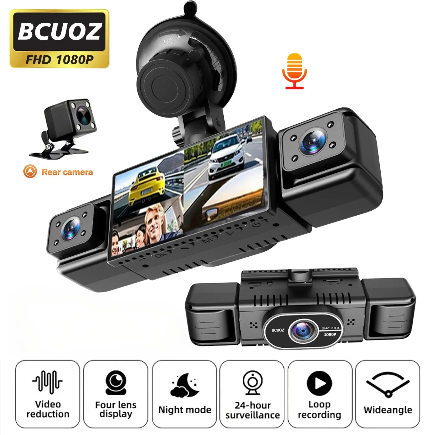 BCUOZ 4-Lens 360° Dashcam with Super Night Vision - 1080P Front 720P Rear Left Right Car Cameras G-Sensor Loop Recording WDR 12-24V Plug Power Supply Optional 64GB Memory Card