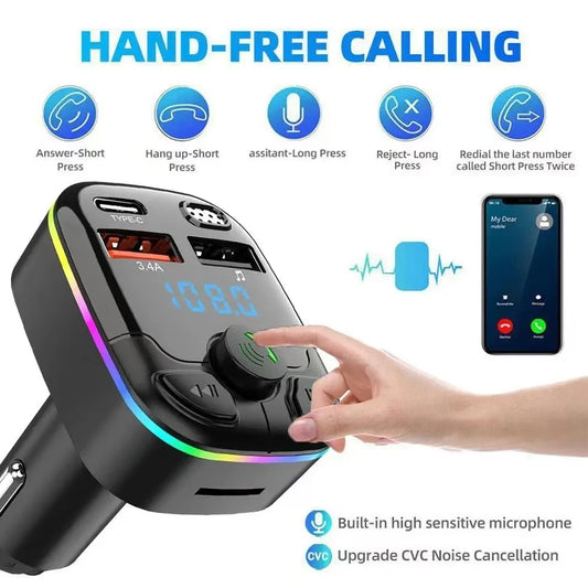 Car Charger Bluetooth 5.0 FM Transmitter Handsfree PD Type-C Dual USB Ambient Player MP3 Charger Type-C Wireless Light