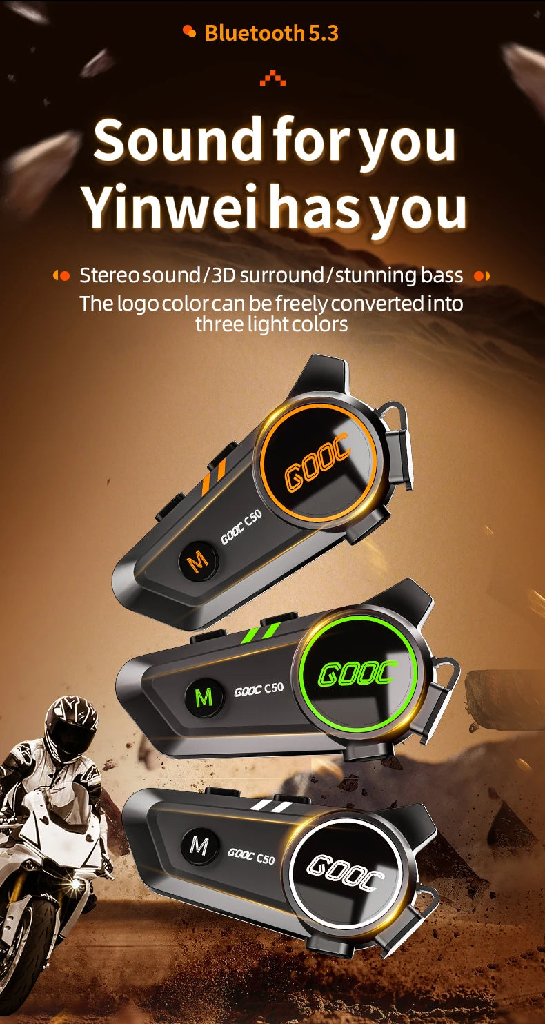 3D Surround Heavy Bass Motorcycle Helmet Headset Stereo Bluetooth Hands Free Call IPX7 Waterproof With Tri-Color Ambient Light
