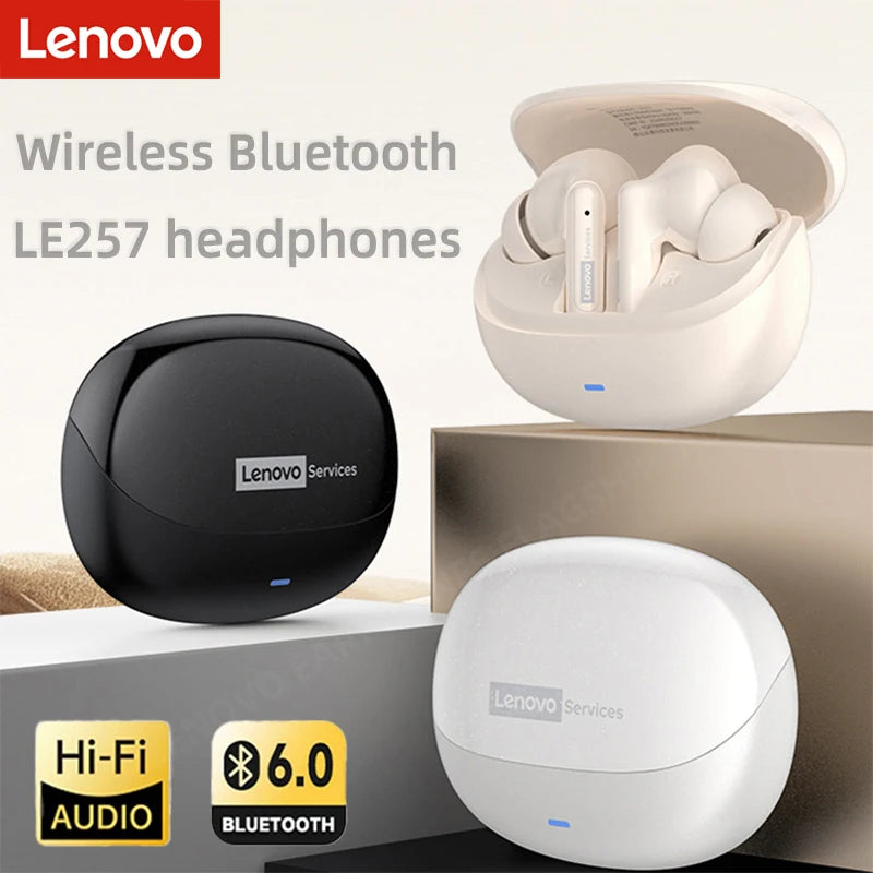 Lenovo LE257 TWS Wireless Bluetooth 6.0 Headphones HiFi Sound ENC Call Noise Reduction Earphone Gaming Sports Headset With Mic