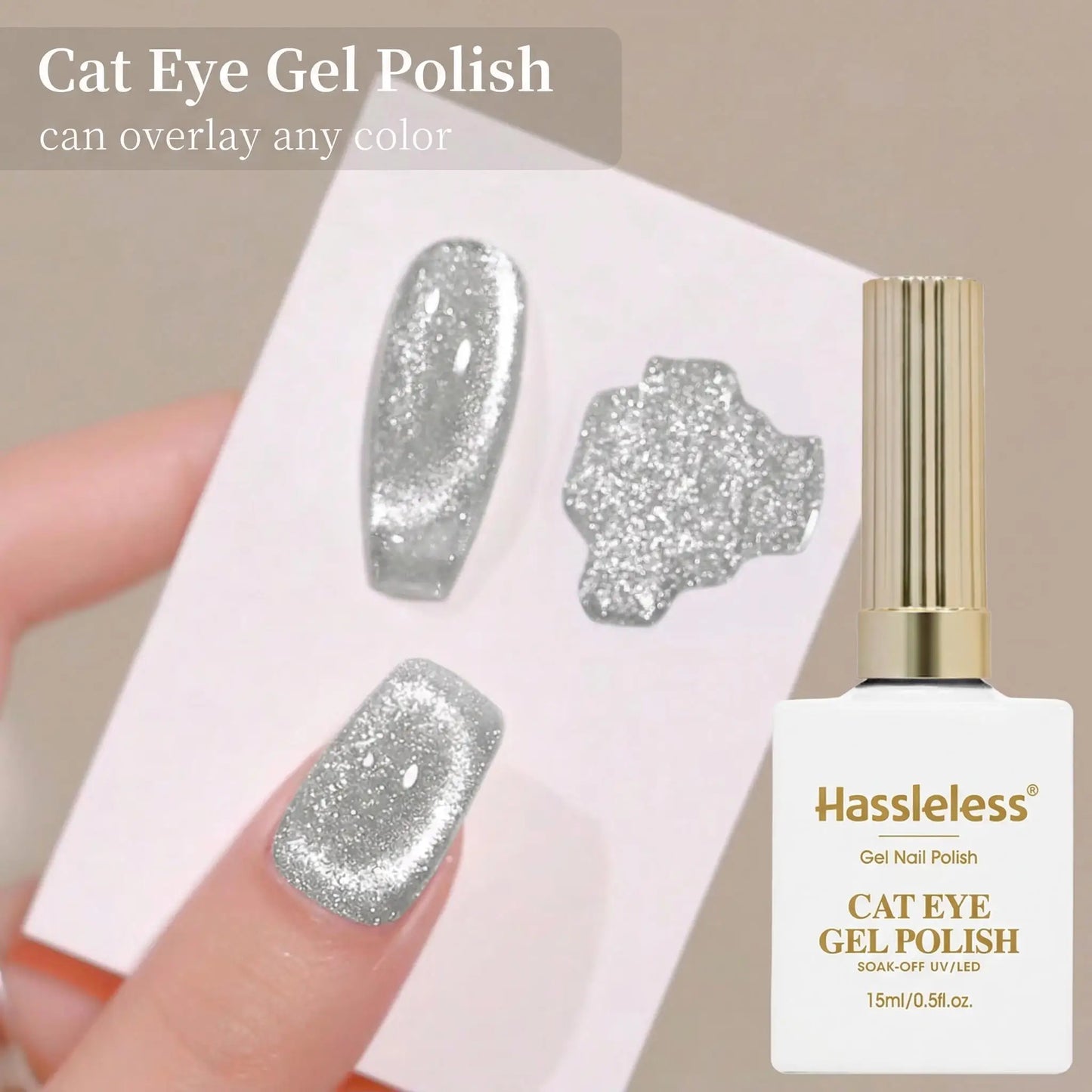 Hassleless  15ml Universal Silver Cat Eye Gel Polish. Glittery, Magnetic. Needs UV/LED Lamp. For Home & Salon DIY