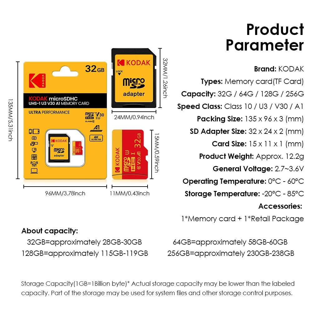 100% Original Kodak Red Memory Card 128GB 64GB 32GB A1 Micro TF SD Card Class 10 UHS-1 TF Flash Card for Samrtphone/PC