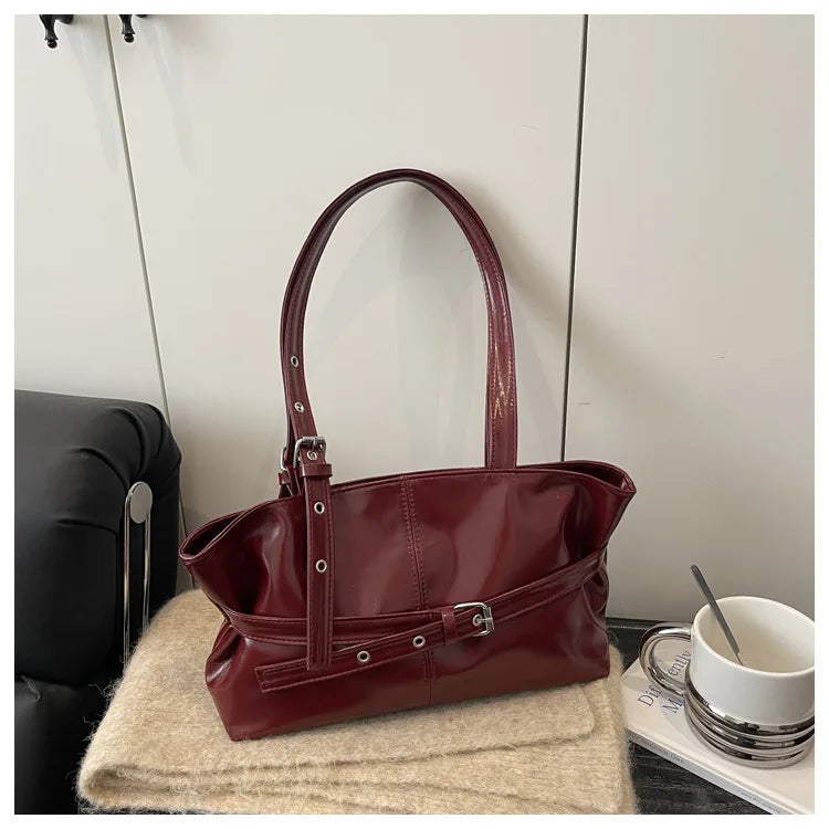 Solid-color Versatile Tote Bag for Women High-quality Suede Buckle-designed Bucket Commuter Bag