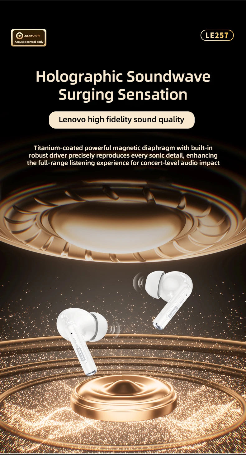  Lenovo LE257 TWS Wireless Bluetooth 6.0 Headphones HiFi Sound ENC Call Noise Reduction Earphone Gaming Sports Headset With Mic