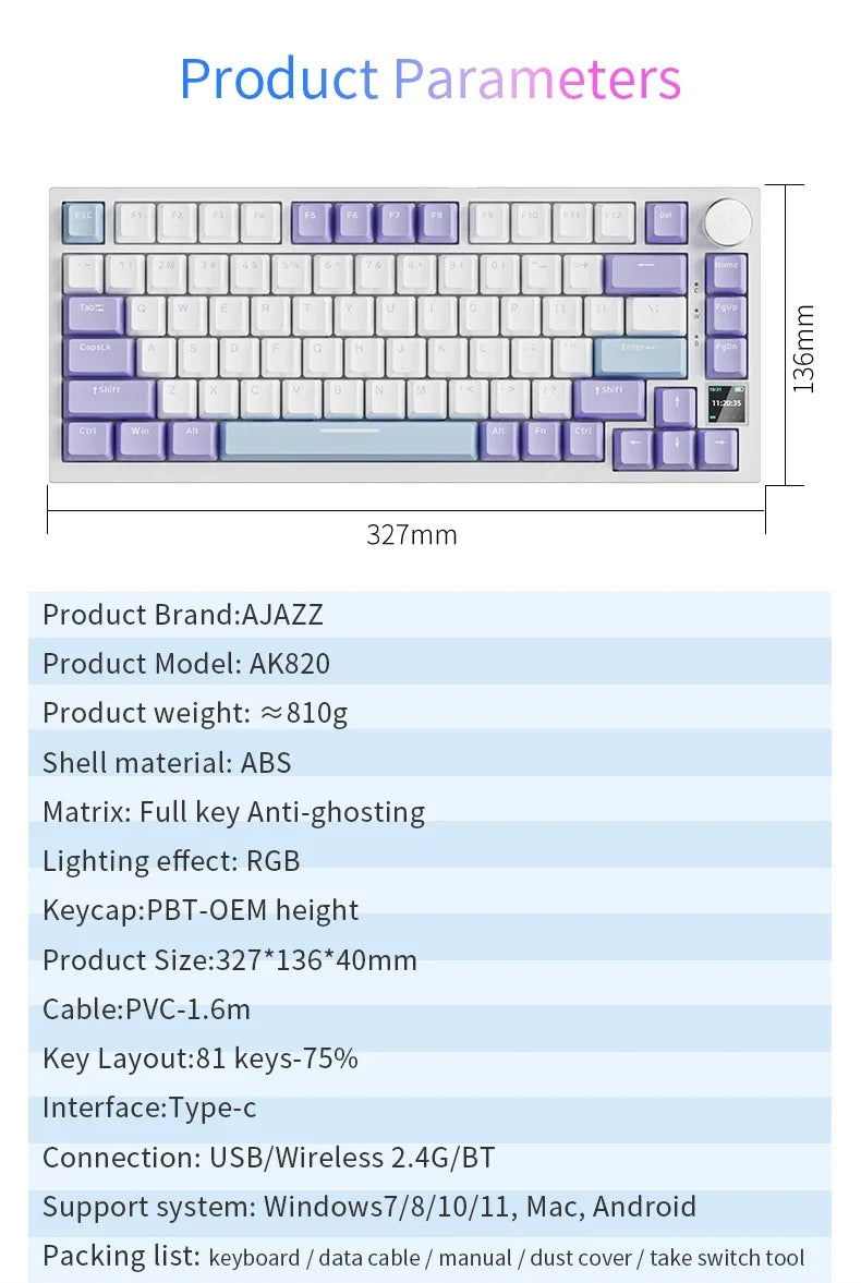 AJAZZ AK820/AK820 Pro Mechanical Gaming Keyboard Tri-Mode Bluetooth 5.1 Wireless Wired Knob Hot Swap Gasket Custom Keyboard