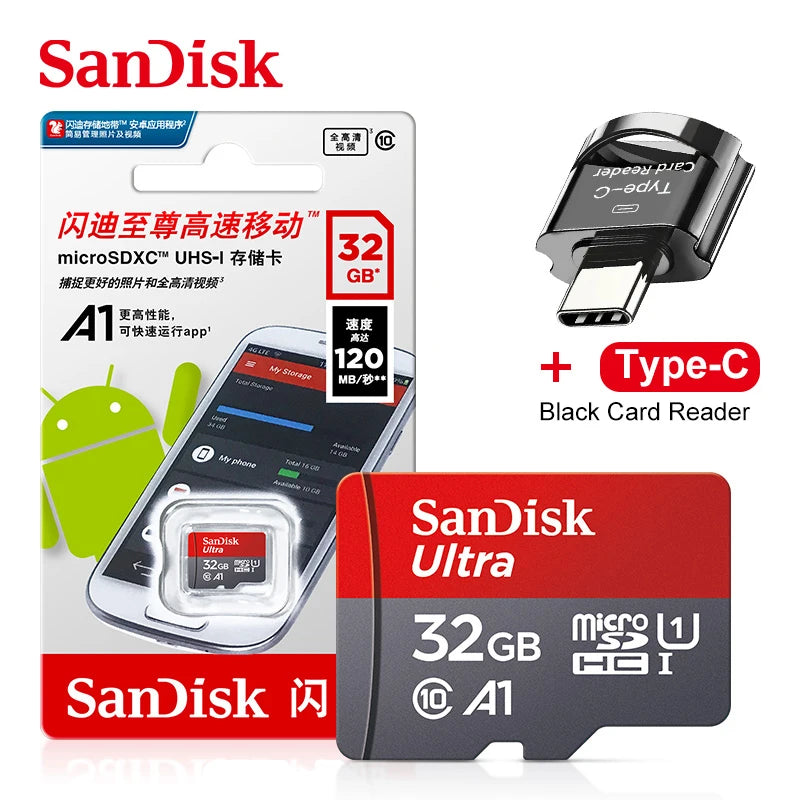 Original SanDisk A1 Memory Card 256GB 128GB 100MB/S 64GB 32GB Micro SD Card Class 10 UHS-1 Flash MicroSD TF + Type-C Card Reader