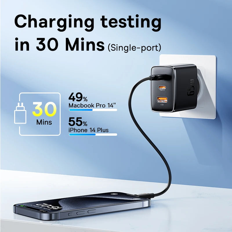 Baseus 65W USB C Charger GaN Charger Support QC PD Charge Portable Fast Charger For iPhone 17 16 15 Xiaomi Laptop Charger