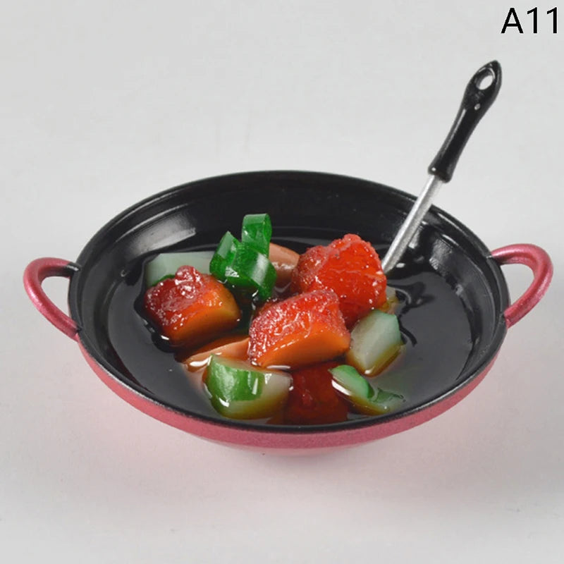 1/12 Dollhouse Miniature Accessories Mini Metal Cooking Pot with Food Simulation Kitchen Kitchenware Model Toy Doll House Decor