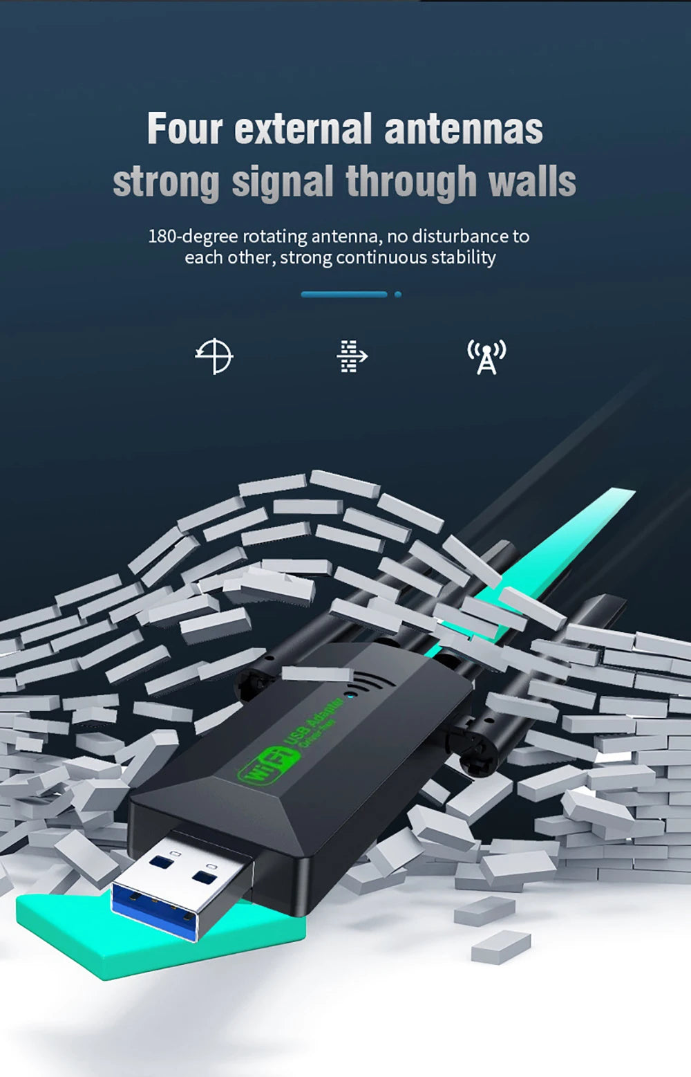 Original USB 3.0 WiFi 6 Adapter 802.11AX 4-Antenna 1200Mbps Dual Band 2.4G 5G For Windows 10/11