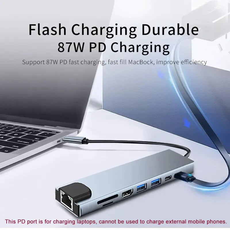 8 In1 Usb C Hub 3.0 Type C Splitter 4k Docking Station Laptop Adapter Pd Sd Tf For Macbook Air M1 Ipad Pro Rj45 Hdmi-Compatible
