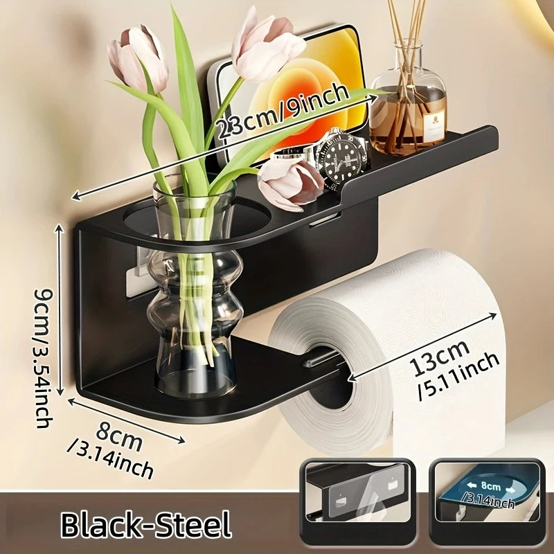 Self Adhesive Toilet Paper Holder with Phone Shelf Stainless Steel Wall Mounted Toilet Paper Roll Holder - Rustproof