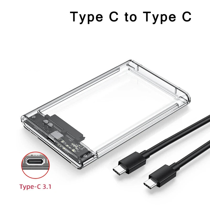 Transparent HDD Case HDD Enclosure 2.5 Inch SSD SATA To USB2.0 Type-C Adapter Portable External Hard Drive Box Tool-Free