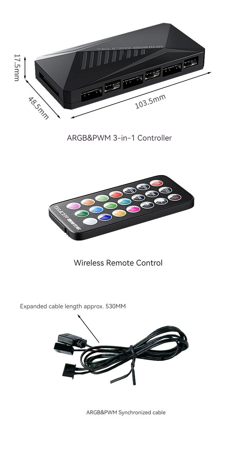 TEUCER LP-6P ARGB Remote Control 6 Way Splitter 4Pin PWM Cooling Fan Hub for Computer PC Case Chassis Radiator SATA Power Supply