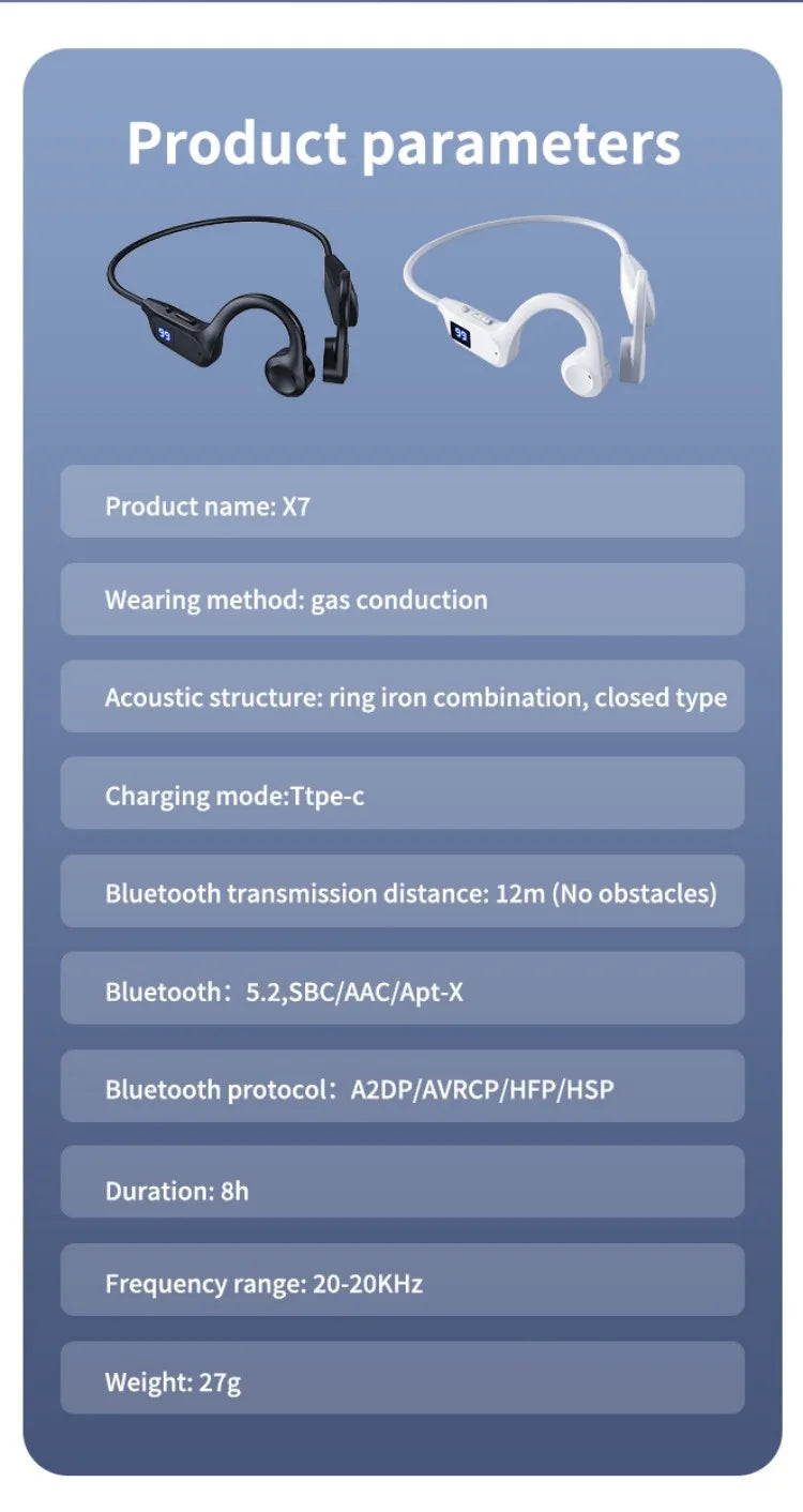 X7 Wireless Bluetooth Earphones, Sports-Style Air-Conducting LED Battery Display, Memory Card Insertion Support