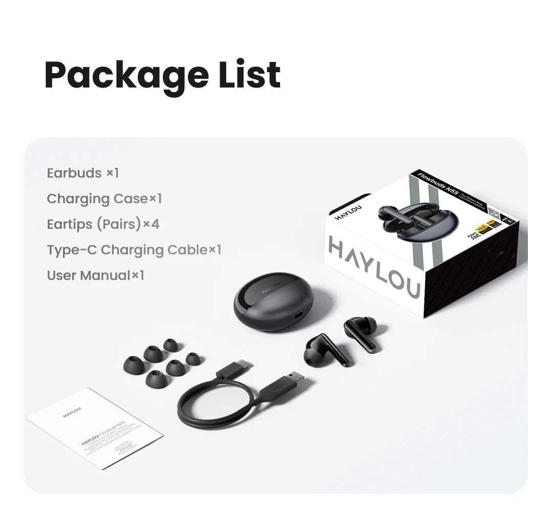 HAYLOU Flowbuds N55 Wireless Earbuds 54dB Adaptive ANC Bluetooth 6.0 LDAC Hi-Res Audio 6-Mic HD Call Earphones 40H Playback IPX5