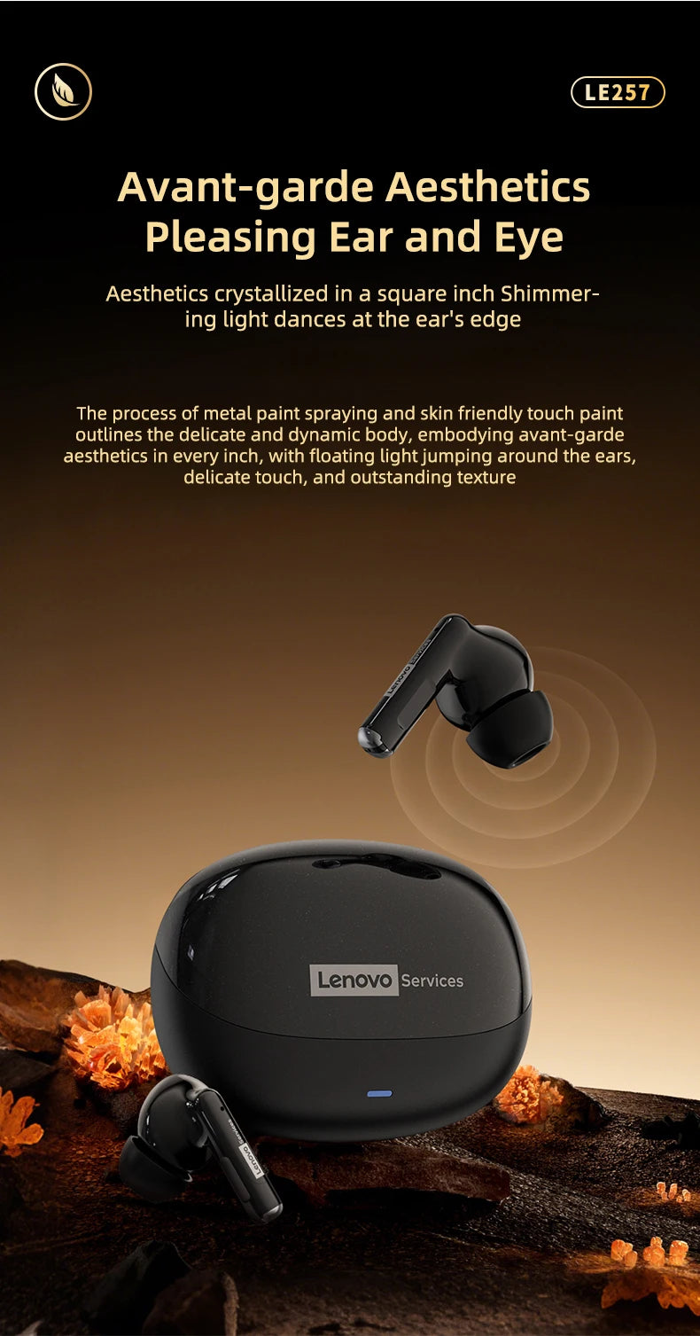  Lenovo LE257 TWS Wireless Bluetooth 6.0 Headphones HiFi Sound ENC Call Noise Reduction Earphone Gaming Sports Headset With Mic