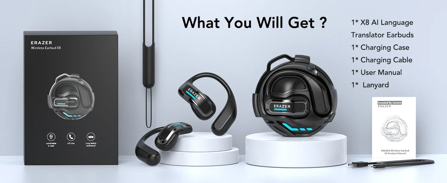 ERAZER X8 AI Translator Earbuds Gaming Bluetooth 5.4 Wireless Headphones Low Latency HD Call Earphones with Mic Waterproof