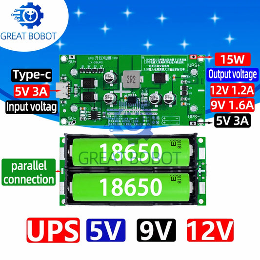 BS Type-C 15W 3A 18650 Lithium Battery Charger Module DC-DC Step Up Booster Fast Charge UPS Power Supply / Converter 5V 9V 12V