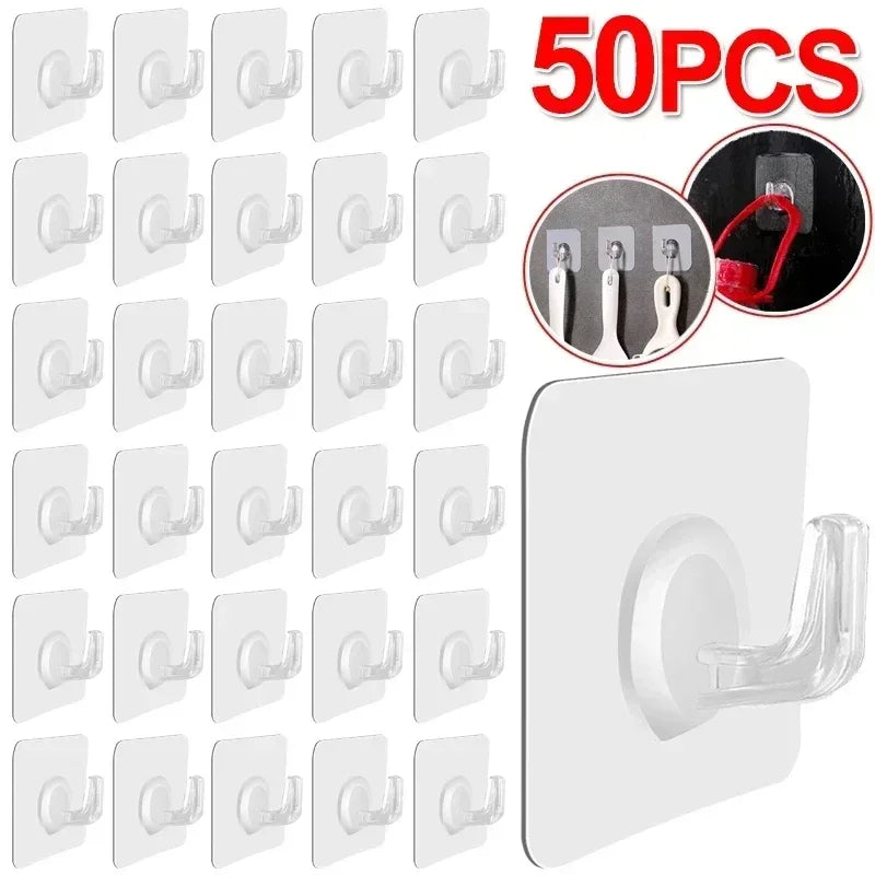 1/50Pcs Self-adhesive Hook Transparent Door Wall Hanger Hook Child Heavy Load Rack Kitchen Bathroom Towel Key Rack Sticky Hooks