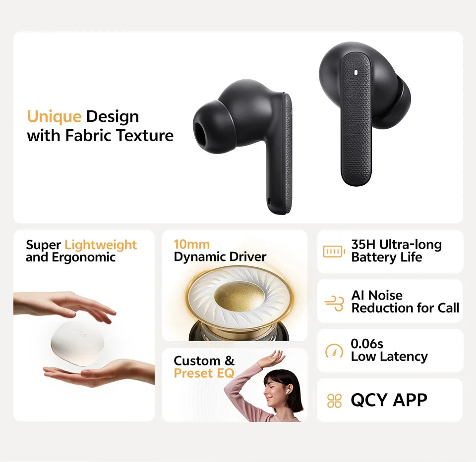 QCY Buds TWS Bluetooth 5.3 Wireless Earphones 10mm Dynamic Driver AI Wind Noise Reduction Earbud 0.68S Low Latency 35H Headphone