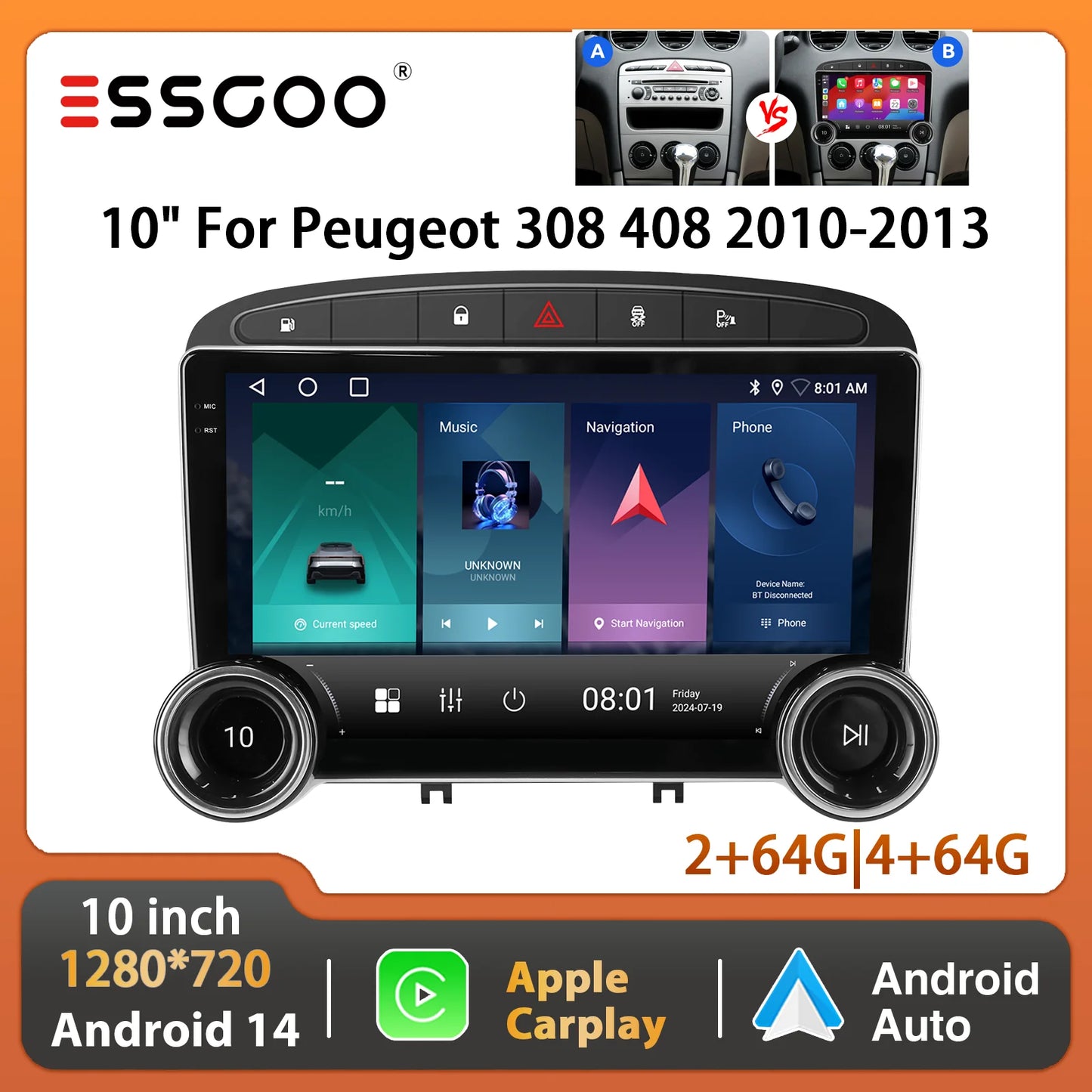 ESSGOO 2DIN Android 14 For Peugeot 408 RCZ 308 10-13 Car Radio Wireless Carplay Android Auto 10" Display GPS Navi WIFI FM RDS BT