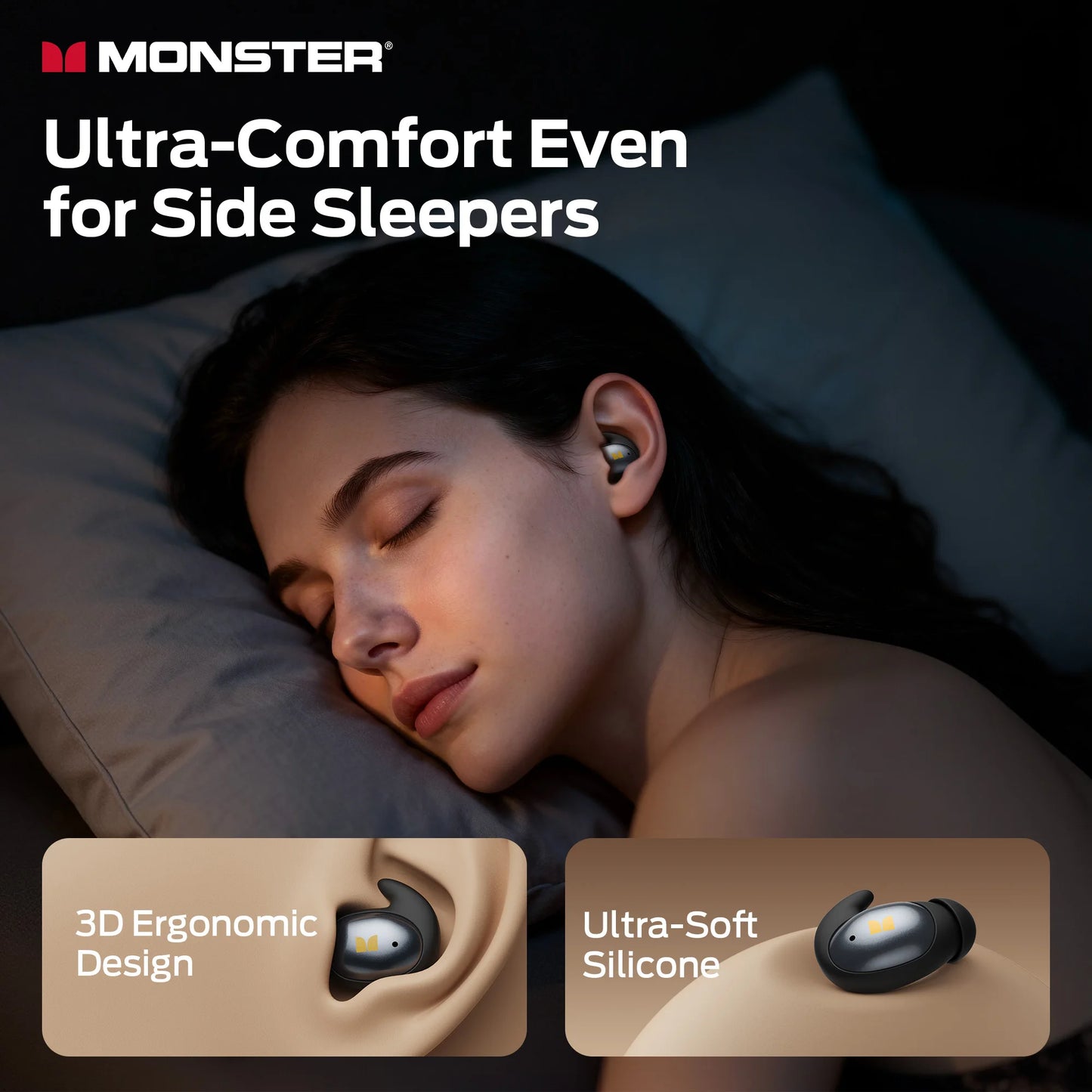 Monster Passive Noise Canceling Sleep Earphone Bluetooth 6.0 Sleep Earbuds for Side Sleepers Hifi Stereo TWS Wireless Headphone