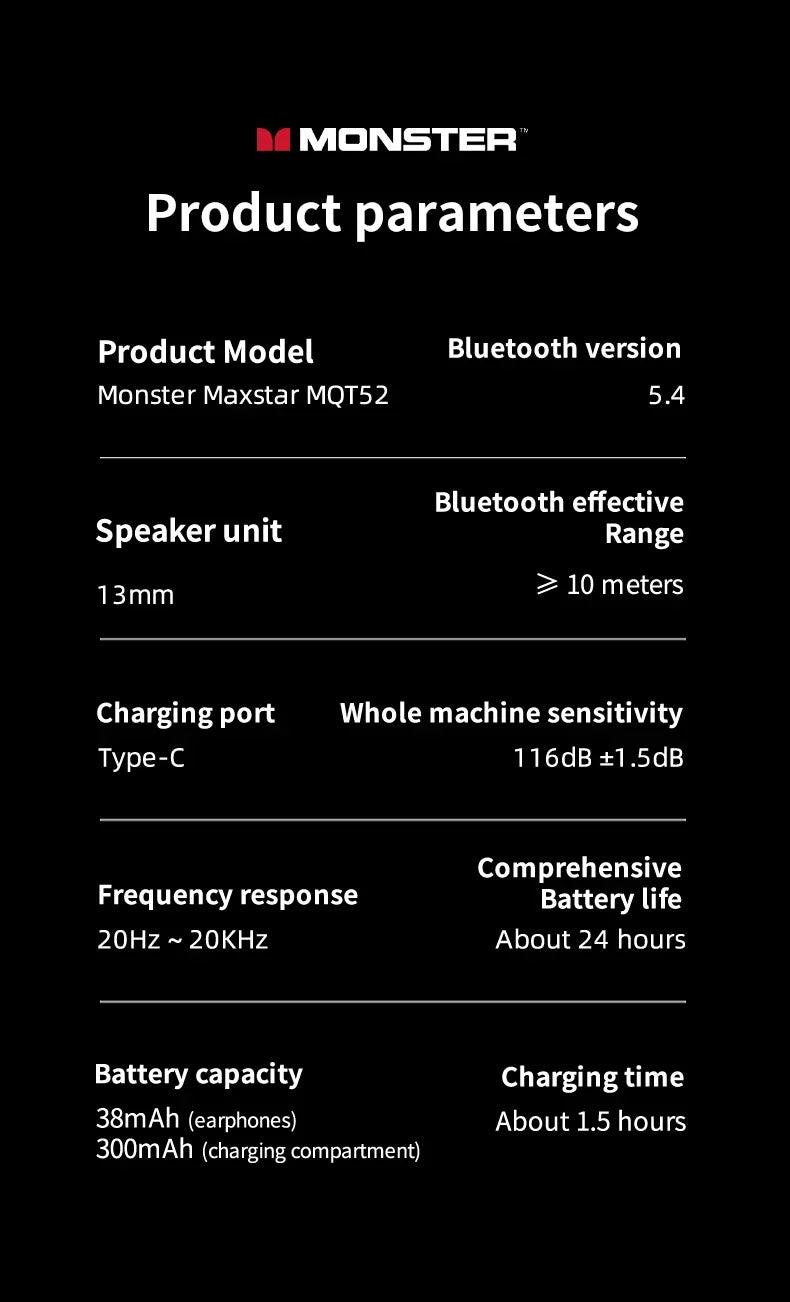 Monster MQT52 Wireless Headphones Bluetooth 5.4 HIFI Stereo Earphones Talking Noise Canceling Music  Gaming Headset with Mic