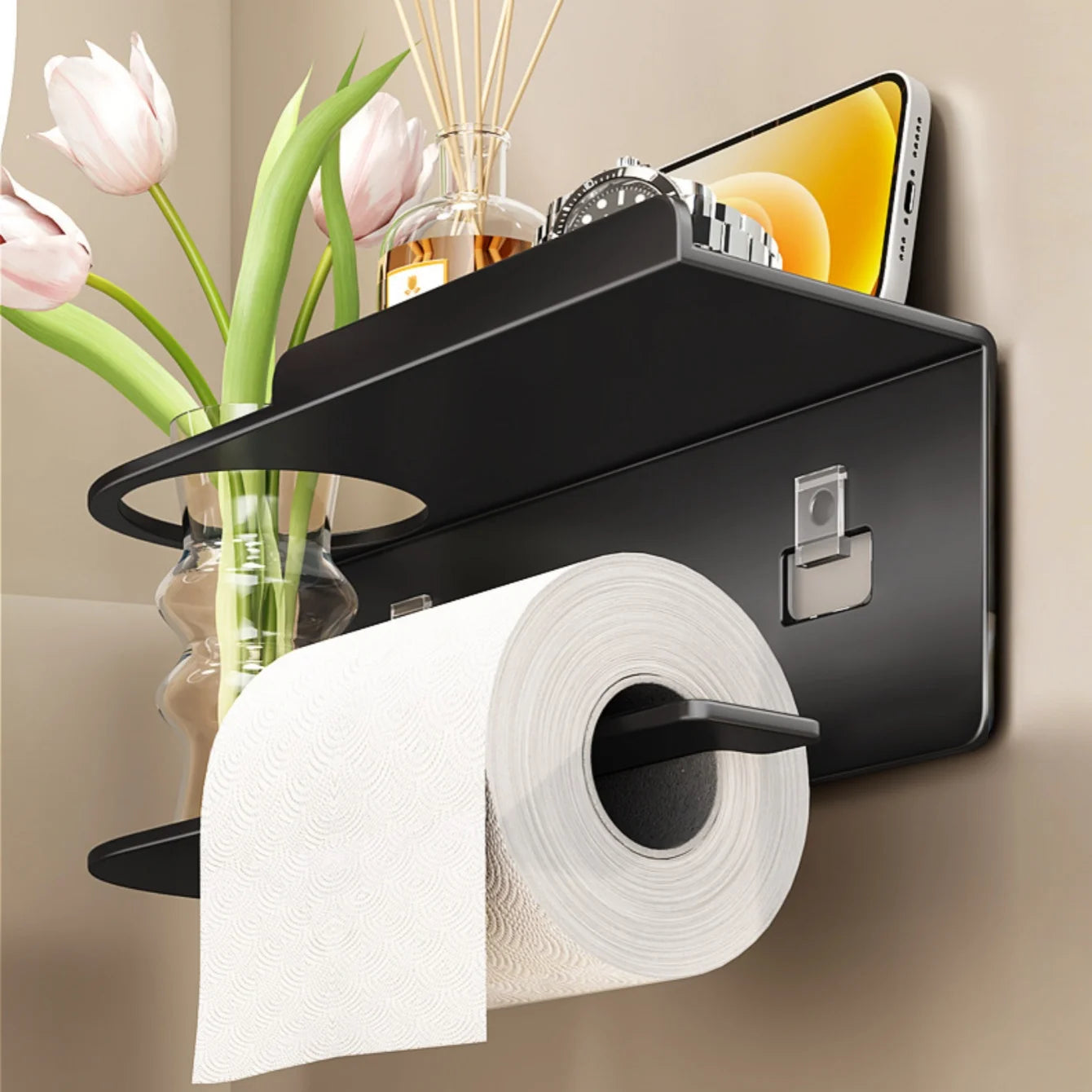 Self Adhesive Toilet Paper Holder with Phone Shelf Stainless Steel Wall Mounted Toilet Paper Roll Holder - Rustproof