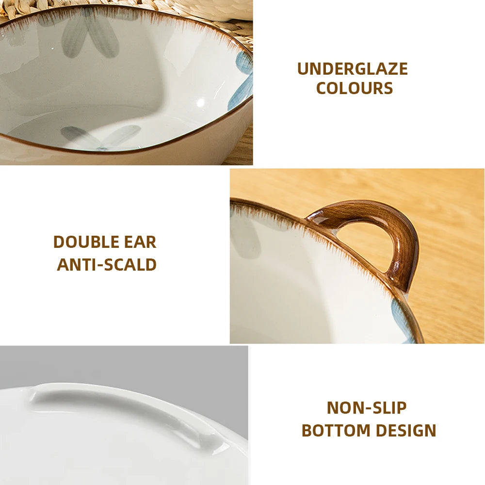 1500ml Household Noodle Bowl Ceramic Soup Bowl With Handle Salad Pasta Bowl Kitchen Tableware Microwave Oven Bakware
