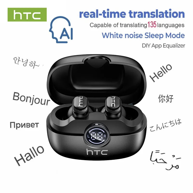 HTC NE79 TWS Bluetooth 6.0 Earbuds AI Translation 135 Languages ENC Noise Cancelling HiFi Stereo Headphones with LED Display