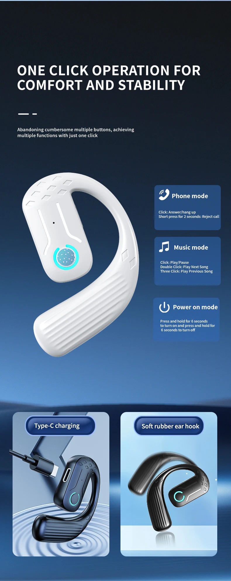Bluetooth 5.4 Open Wireless Earphone 180° Rotation Adjustable Left Right Ear Universal Headset With Mic For Sport Business Music