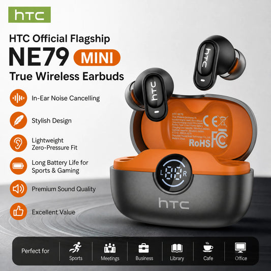 HTC NE79 TWS Bluetooth 6.0 Earbuds AI Translation 135 Languages ENC Noise Cancelling HiFi Stereo Headphones with LED Display