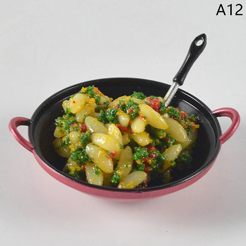 1/12 Dollhouse Miniature Accessories Mini Metal Cooking Pot with Food Simulation Kitchen Kitchenware Model Toy Doll House Decor