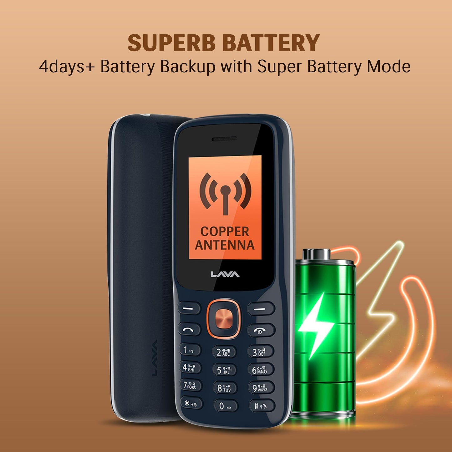 Lava All-New A1 Copper Keypad Mobile Phone with Long Lasting Smart AI Battery | 1.77inch Display | Bluetooth Support | Military Grade Certified | 32 GB Expandable Memory | (Blue Silver) - Triveni World