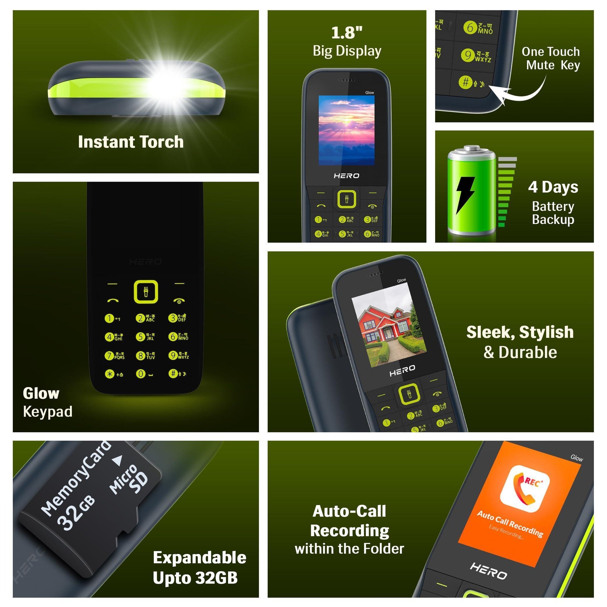 Lava All-New Hero 600i Glow Keypad Phone with Long Lasting Battery, 10 Regional Languages Input Support, Auto Call Recording, Wireless FM with Recording and 32 GB Expandable Storage (Mint Green) - Triveni World