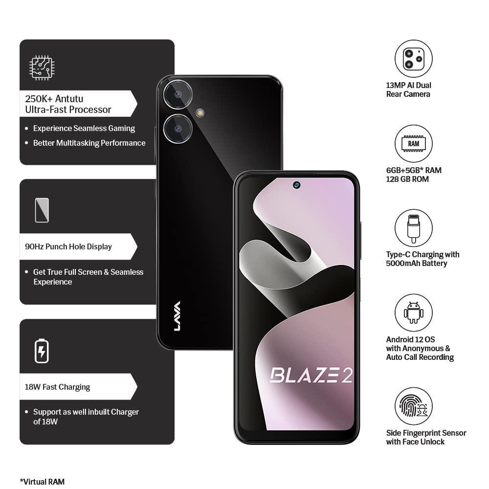 Lava Blaze 2 (6 GB RAM, UFS 2.2 128GB Storage) - Glass Black|18W Fast Charger|Side Fingerprint Sensor| 5000 mAh Battery| 6.5 inch(16.5cm) HD+ Punch Hole Display| Upto 11GB Expandable RAM - Triveni World