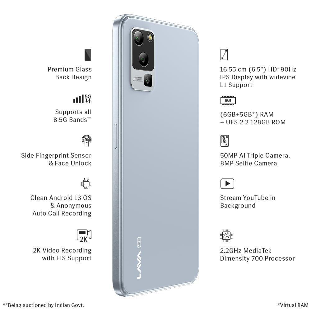 Lava Blaze 5G (Glass Blue, 6GB RAM, UFS 2.2 128GB Storage) | 5G Ready | 50MP AI Triple Camera | Upto 11GB Expandable RAM | Charger Included | Clean Android (No Bloatware) - Triveni World