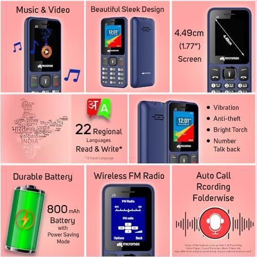 Micromax All-New J3 Sleek & Stylish |Keypad Mobile with 1.77" Screen|Auto Call Recording | Bright Torch| Wireless FM | Blue - Triveni World