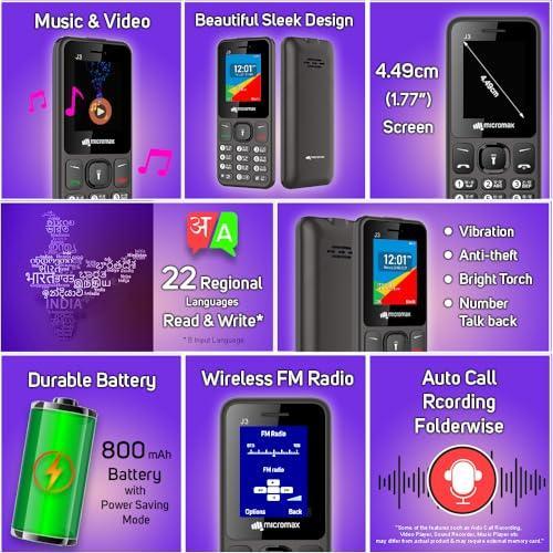 Micromax All-New J3 Sleek & Stylish |Keypad Mobile with 1.77" Screen|Auto Call Recording | Bright Torch| Wireless FM |Grey| - Triveni World