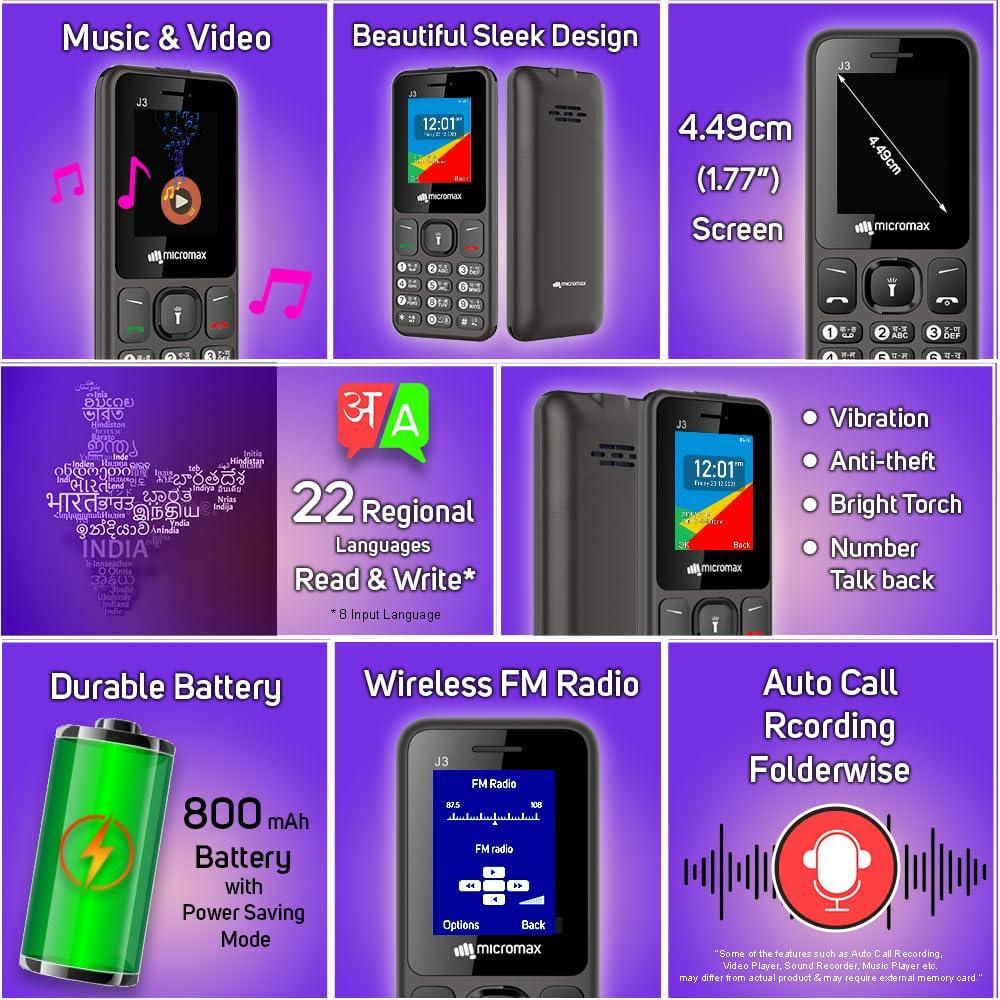 Micromax All-New J3 Sleek & Stylish |Keypad Mobile with 1.77" Screen|Auto Call Recording | Bright Torch| Wireless FM |Grey| - Triveni World