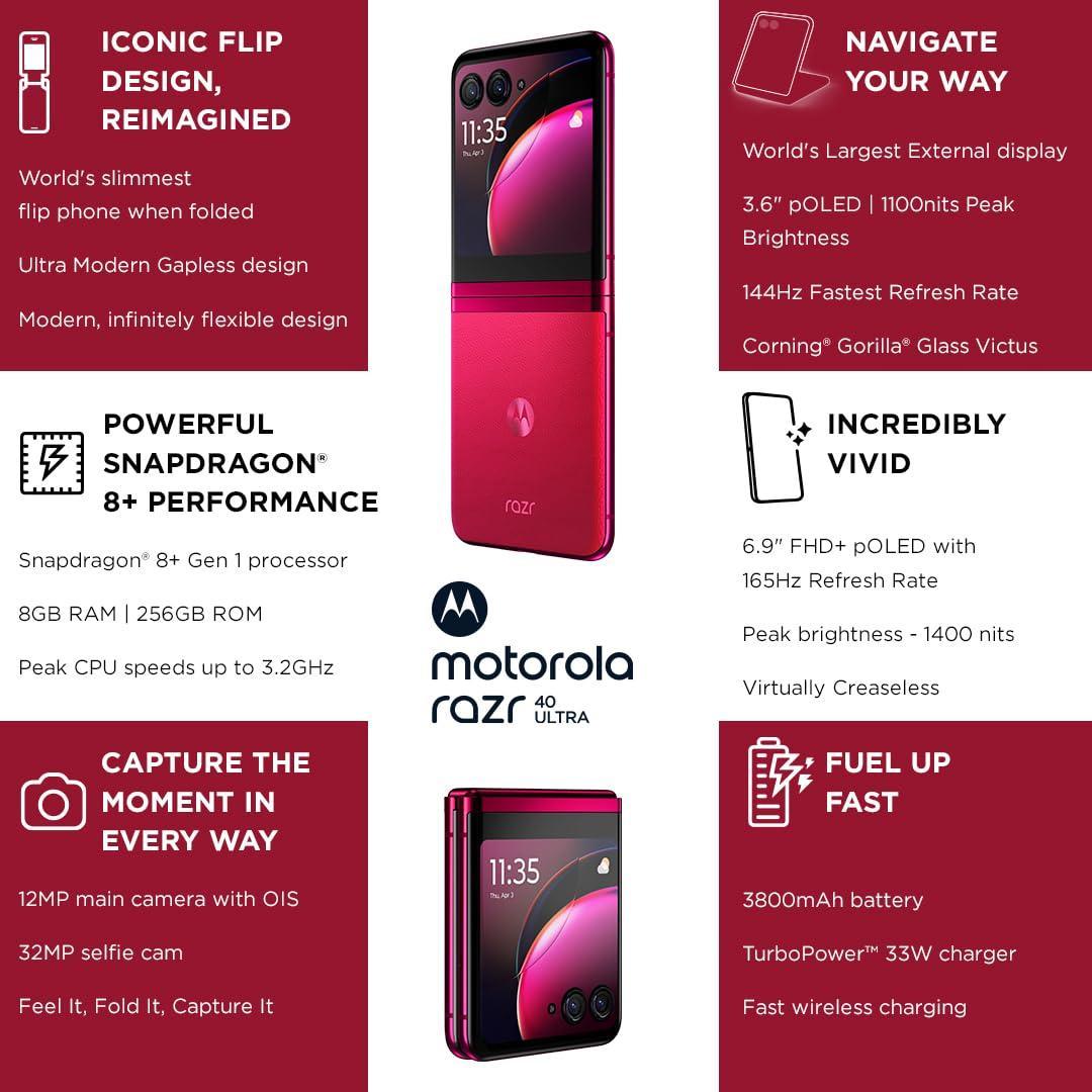 Motorola razr 40 Ultra (Viva Magenta, 8GB RAM, 256GB Storage) | 3.6" External AMOLED Display | 6.9" AMOLED 165Hz Display | 32MP Selfie Camera |30W TurboPower Charging | Android 13 - Triveni World