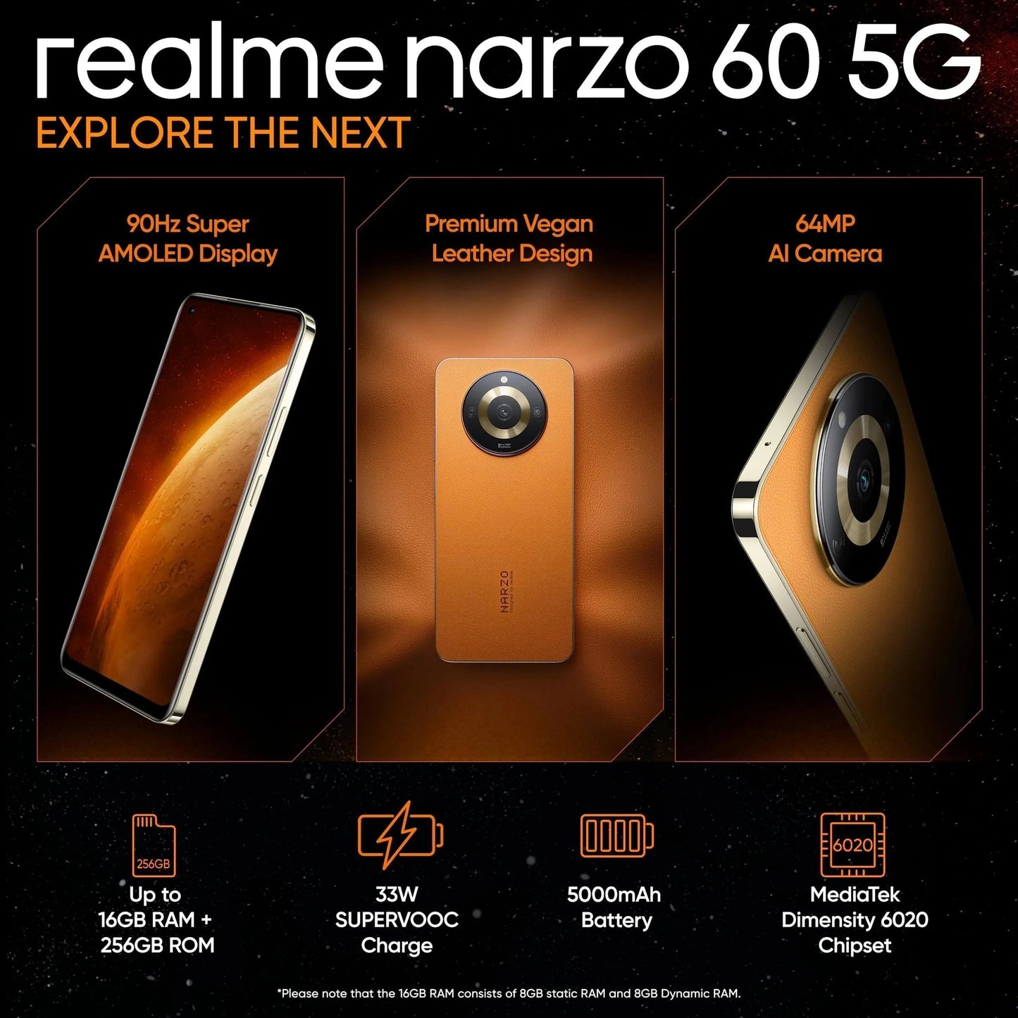 narzo 60 5G Mars Orange8GB256GB 90Hz Super AMOLED Display Ultra Premium Vegan Lear Design - Triveni World
