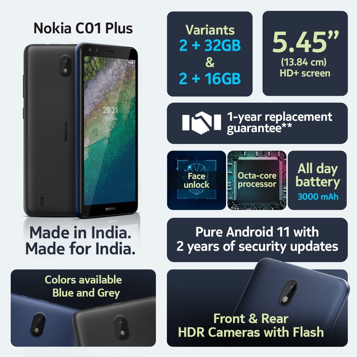 Nokia C01 Plus 4G, 5.45” HD+ Screen, Selfie Camera with Front Flash | 32GB Storage (Grey) - Triveni World