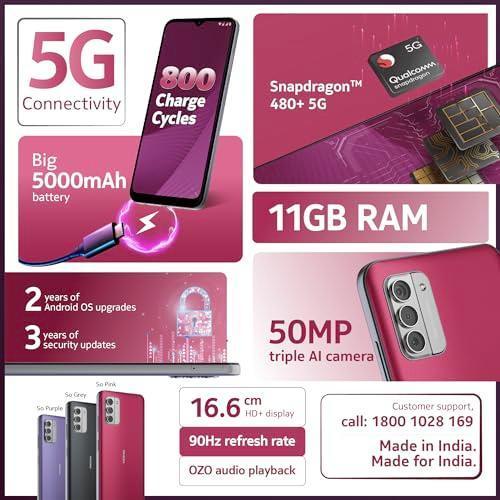 Nokia G42 5G | Snapdragon® 480+ 5G | 50MP Triple AI Camera | 11GB RAM (6GB RAM + 5GB Virtual RAM) | 128GB Storage | 5000mAh Battery | 2 Years Android Upgrades | 20W Charger Included | So Pink - Triveni World