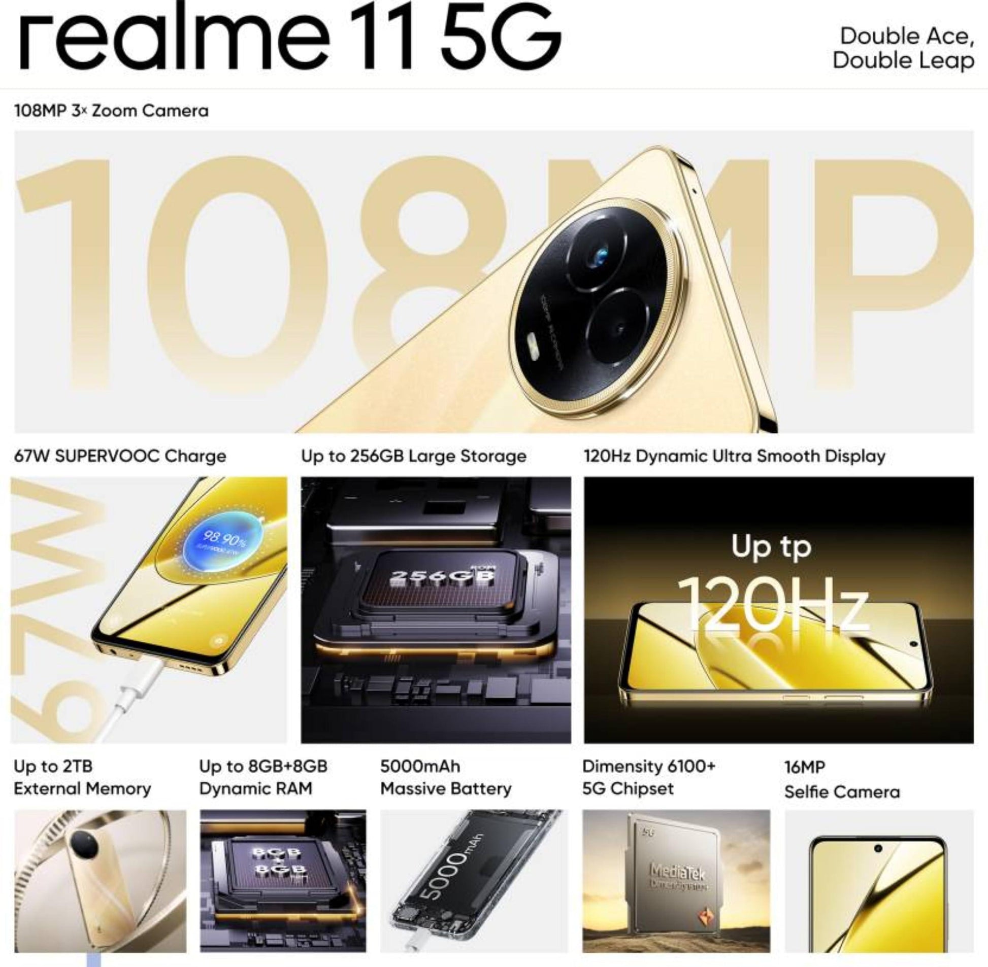 realme 11 5G (Glory Gold, 8GB RAM, 256GB Storage) | Dynamic Ultra Smooth Display | Up to 8GB+8GB Dynamic RAM | 108MP 3× Zoom | 16MP Selfie Camera | Dimensity 6100+ 5G Processor | 67W SUPERVOOC Charge - Triveni World